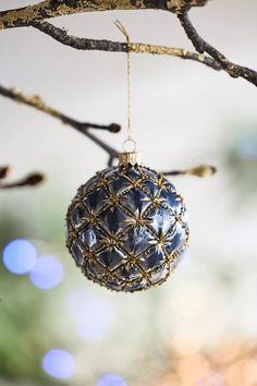 a blue ornament hanging from a tree branch