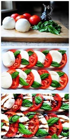 several different types of tomatoes and mozzarella on a cutting board with basil leaves