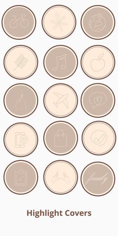 different types of buttons with the words highlight covers on them in brown and beige colors