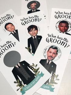 four stickers with pictures of people in suits and ties on them that say, who has the groom?