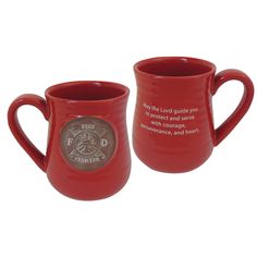 two red coffee mugs with the words fire department on each one and an image of a