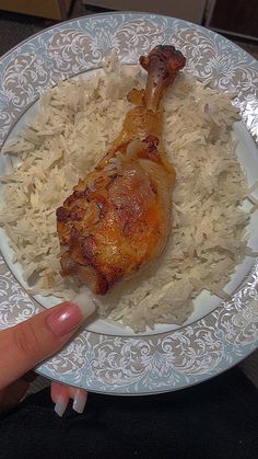 a person holding a plate with rice and chicken on it in front of the camera