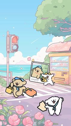 two teddy bears sitting on the side of a road next to a traffic light and flowers