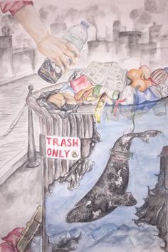 a drawing of a trash can filled with garbage next to a sea lion and other animals