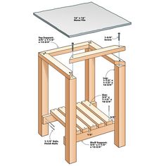 a wooden table with measurements for the top and bottom part, including an attached shelf