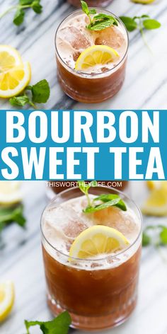 bourbon sweet tea with lemons and mint garnish on the rim, served in glasses