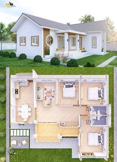 an aerial view of a two story house with three bedroom and one bathroom in the middle