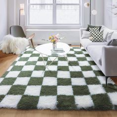 a living room filled with furniture and a checkered rug