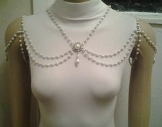 2-in-1 Reversible Pearl Crystal Flowers with Ivory Pearl Bead Chain Shoulder Necklace Bridal Wedding Shoulder Chain Jewelry, Ethereal Jewelry, Ivory Necklace, Necklace Drawing, Shoulder Jewelry, Shoulder Necklace, Crystal Flowers, Prom Accessories, Pearl Chain Necklace