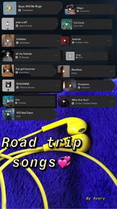 the road trip song app is shown on an iphone screen, with headphones attached to it