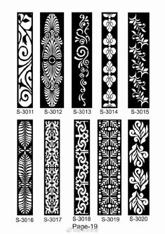 the different designs on this page are drawn in black and white, with an intricate pattern