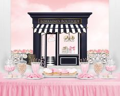 a pink and black dessert table with lots of treats