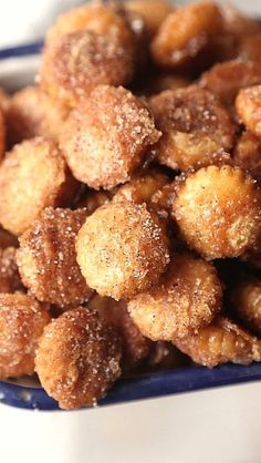 some sugared donuts are in a blue and white bowl