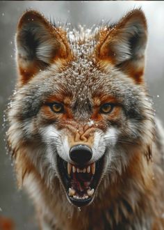 an angry looking fox with it's mouth open and snow on its face,