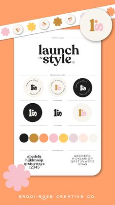 an orange and white poster with the words launch in style on it's side