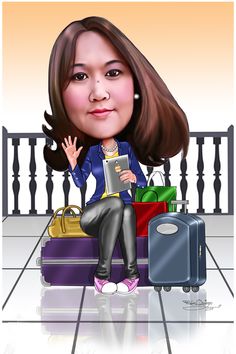 a digital caricature of a woman sitting on luggage with her hand up in the air