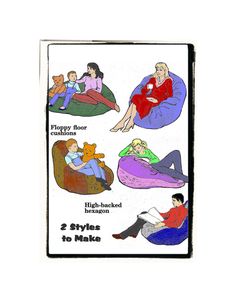 an adult and child sitting on bean bag chairs with instructions for how to make them