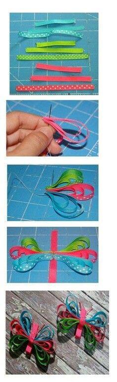 four pictures showing how to make ribbon bows with scissors and string, including strips of yarn