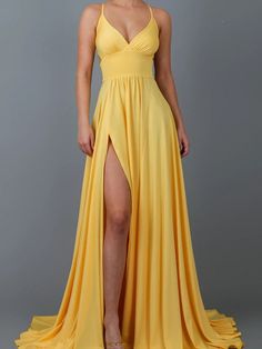 This polyester maxi dress is available in yellow, black, pink, orange, or white colors, making it the perfect summer dress for any occasion. Experience Supreme Quality with our Versatile Solid Color Dress: Crafted with the utmost attention to detail, our slim and orange dress exudes quality and sophistication. The solid color design allows you to showcase your personal style and versatility. Whether you're attending a formal event or a casual gathering, this dress is sure to make a lasting impre Spring Chiffon Backless Maxi Dress, Flowy Dress For Gala And Prom Season, Flowy Full-length Party Dress, Yellow Solid Color Sundress, Yellow Stretch Evening Dress, Spring Fitted Maxi Dress For Bridesmaids, Stretch Solid Color Maxi Dress For Beach, Yellow Chiffon V-neck Maxi Dress, Solid Color Long Evening Dress