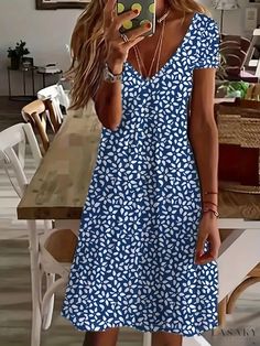 Lasaky - Womens Spring & Summer Floral Print V-neck Ankle Dress - Short Sleeve, Casual and Fashionable Womens Clothing Everyday Dresses Casual, Fall Blue, Casual Short Sleeve Dress, Ankle Dress, Spring Dresses Casual, Dress Silhouette, Floral Print Shorts, Floral Shorts, Casual Skirt