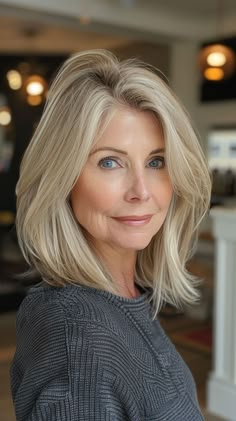 Embrace sophistication with a selection of sophisticated cuts crafted for short hair over 50, adding a touch of refinement to your style. Blond Long Bob Hairstyles, Hair Cuts For Thinning Hair Older Women, Older Hairstyles Over 50, Hair Styles For Fine Hair Over 50, Hairstyles For Fine Hair Over 50, Bob Over 50, Hair Styles For 50+ Women, Long Hair Over 50 Older Women, Blonde Hair Over 50