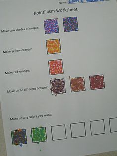 a paper with different colors and shapes on it, next to a sign that says paintbrush worksheet