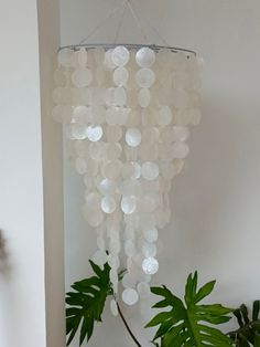 a white chandelier hanging from the ceiling next to a potted green plant