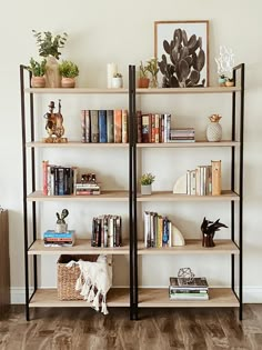 the bookshelves are filled with many different types of books and plants on them