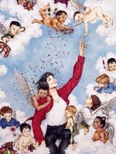 a painting of a man surrounded by angels in the sky with his hands up to his head