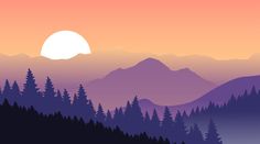 the sun is setting over some mountains with trees on it and hills in the background