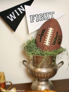 Stress Free Football Party + $5000 Fan Cave Sweepstakes - Celebrations at Home Tailgate Centerpiece Ideas, Trophy Centerpiece Ideas, Football Banquet Ideas, Alabama Football Party, Homegating Party, Football Centerpiece, Mexican Mac And Cheese, Football Party Ideas, Football Centerpieces