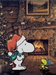 a snoopy christmas card with a fireplace in the background