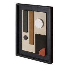 a framed artwork piece with various shapes and colors on the wall, including black, white, brown, orange, and red