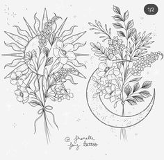 a black and white drawing of flowers in a vase on a moon with the caption's name