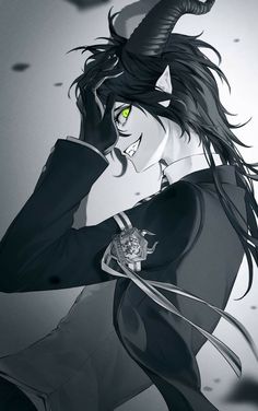 an anime character with long black hair and green eyes