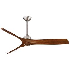 a ceiling fan with wooden blades and metal blades on the blades, against a white background