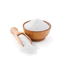 a wooden bowl filled with white powder next to a wooden spoon on a white background