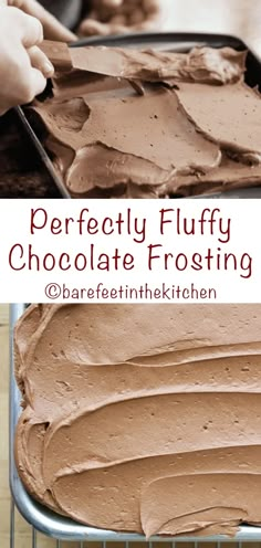 a chocolate frosted cake sitting on top of a metal pan with the words perfectly fluffy chocolate frosting in just 5 minutes