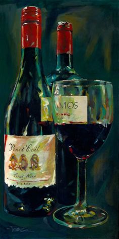 a painting of two wine bottles and a glass with red wine in front of it