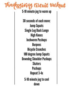 the thanksgiving circuit workout list is shown