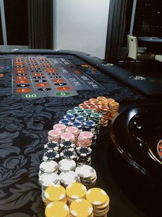 a casino table with poker chips on it