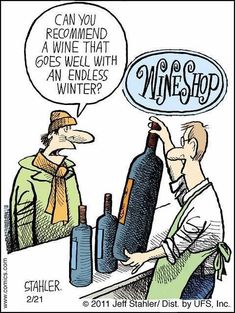 a cartoon depicting two men at a wine shop, one is holding a bottle and the other has a thought bubble