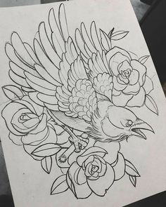 an image of a bird with flowers on it's back and the words traditional uncolored raven and roses tattoo design