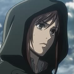 an anime character wearing a hoodie and staring at the camera with clouds in the background