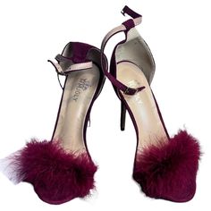 "Size 10 Suede Sole Heel Measures Approximately 4.33 Inches"" Fabric: Faux Suede & Fax Feather Heel Length 4.33"" Unique Fluffy Feather Design, Open Toe, Stiletto, And With Ankle Buckle Strap. Notice! The Way To Do The Buckle: The Design Is Similar To A Removable Bra Strap. Take The End Of The Strap With The Hook (Opening Of The Hook Should Be Upwards), And Bring The End With The Buckle Around Your Ankle (Buckle Facing Outward). Slide The Bit Of Strap Right Behind The Buckle Down Into The Hook, Burgundy Heels For Spring Party, Spring Party Burgundy Heels, Burgundy Heels For Summer Party, Summer Party Burgundy Heels, Burgundy Heels For Party, Fitted Burgundy Heels For Party, Chic Burgundy Party Heels, Elegant Burgundy Heels For Winter, Feather Heels