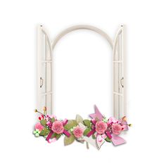 the letter o is decorated with pink flowers and green leaves in front of an arched window