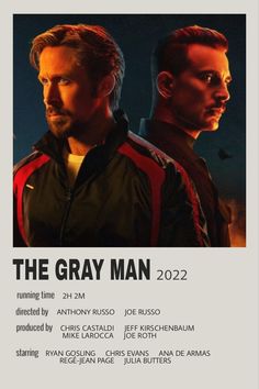 the gray man movie poster with two men in black jackets and one is looking at something