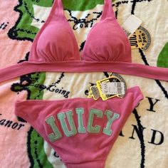 New With Tags Vintage Juicy Couture Pink Terry Cloth 2piece Bikini Swimsuit Surf Royalty Discontinued Swimwear Line By Juicy Couture Both Pieces Size Small Pink Triangle Halter Style Top With Ties At Neck And Around The Back Removable Padding Pink Bottoms Feature Juicy In Green Across Back Bum Please See All Measurements And Compare To A Swimsuit You Already Own To Ensure Correct Fit No Returns On Swimwear Or Vintage Items Smoke Free Deadstock Juicy!! Check Out My Other Rare Juicy Couture Items Cassie Pink Swimsuit, Pink Jucie Couture, Trendy Fitted Pink Swimwear, Couture Aesthetic, Juicy Couture Vintage, Swimwear Line, Coconut Dream, Vintage Juicy Couture, Pink Triangle