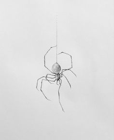 a black and white photo of a spider in the air with it's web