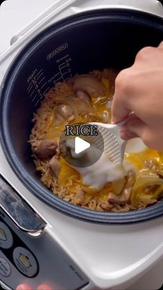 someone using a spoon to stir rice in a slow cooker with chicken and eggs